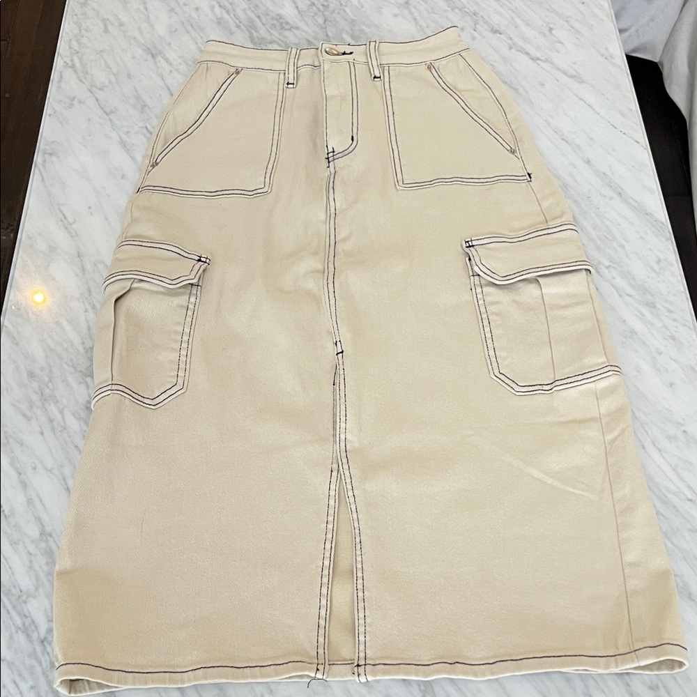 Miou Muse Beige Women's High Rise Cargo Midi Skirt